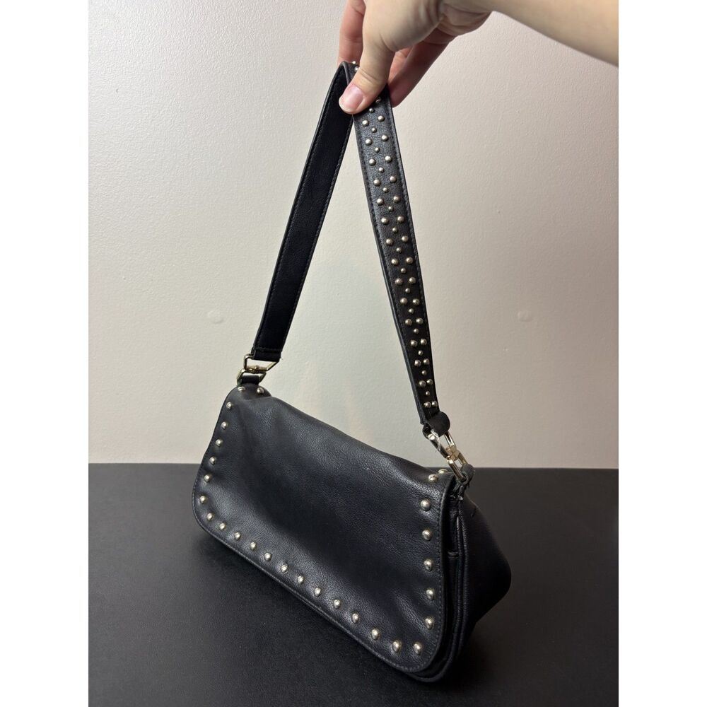 Black Faux Leather Studded Black Shoulder Bag Goth Grunge Biker Chic Rectangle